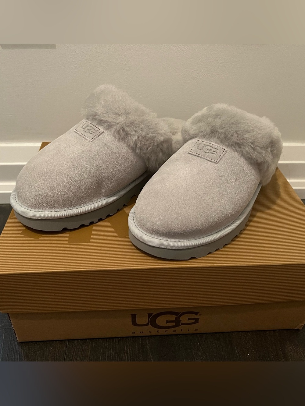 UGG Women's Light Gray Shearling Slide Slippers